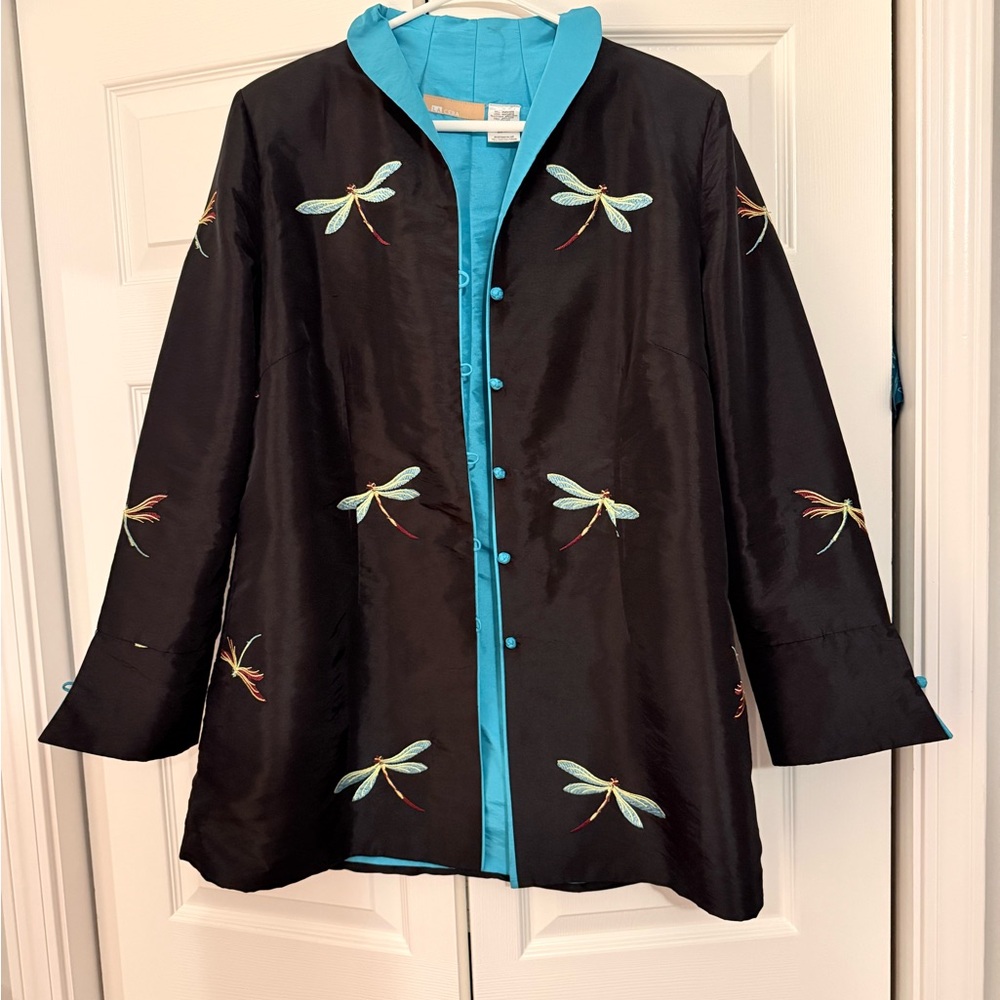 Chic Black Cape with Blue Dragonfly Embroidery